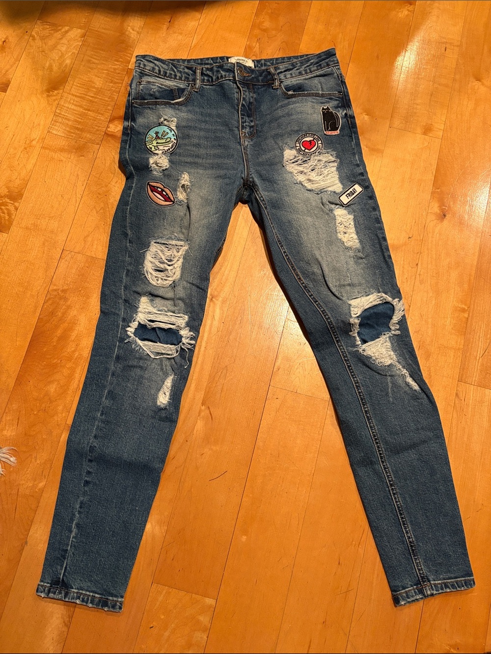 Forever 21 Blue Distressed Skinny Jeans with Patch Accents